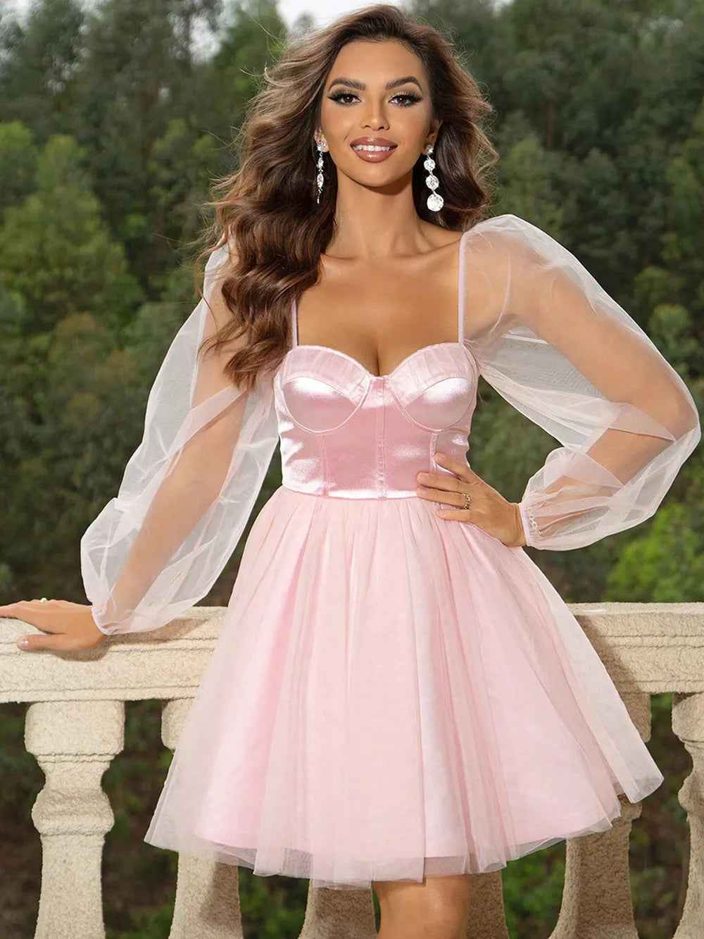Blush Pink Mini Dress - Sweetheart Neck Balloon Sleeve