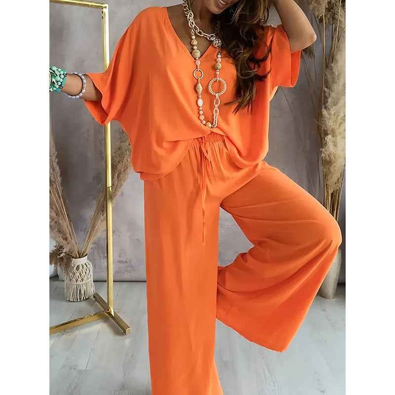Two-Piece Lounge Set - V-Neck Top & Wide Leg Pants - Fashions Envy