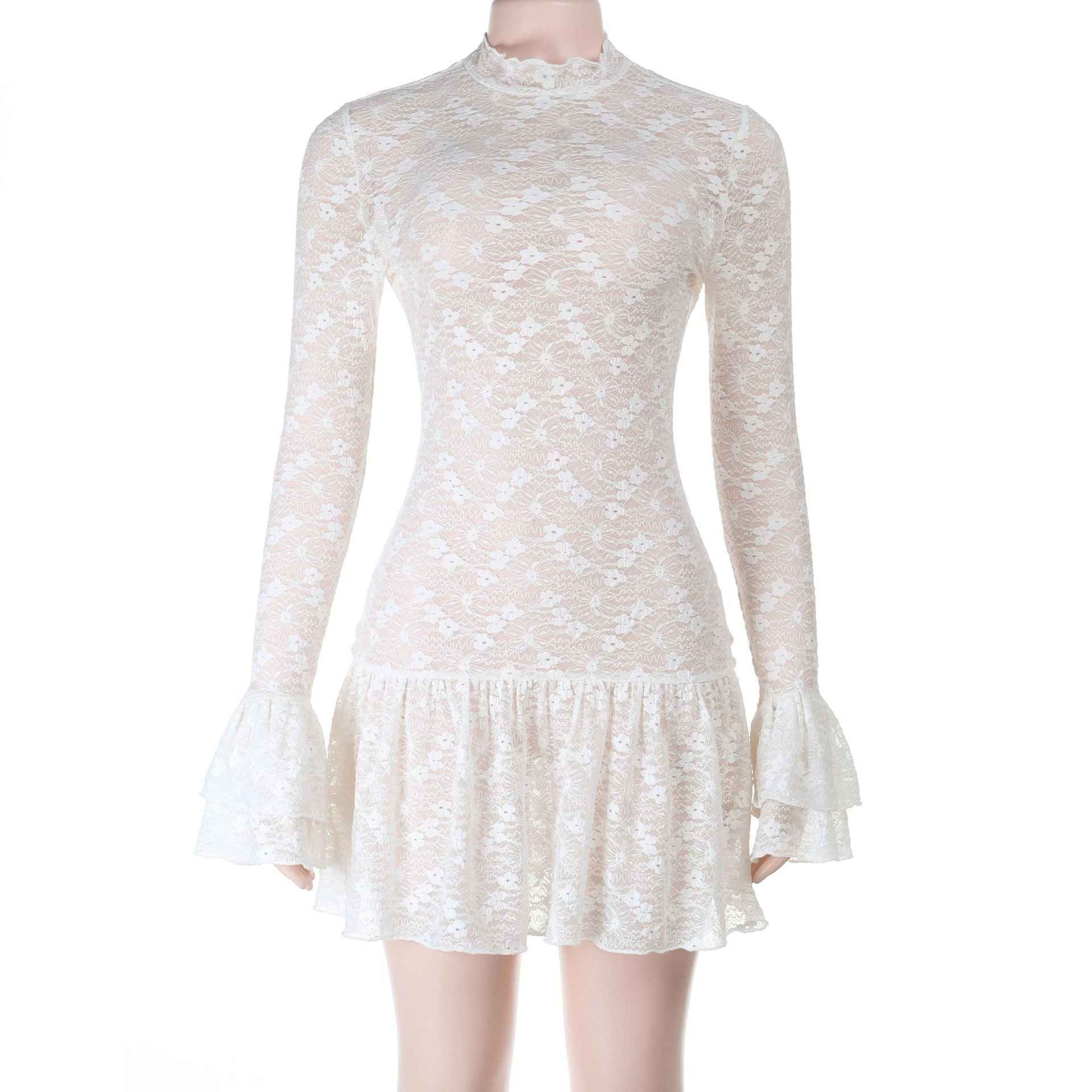 Lace See-Through Mini Dress - Long Sleeve V-Neck Apricot