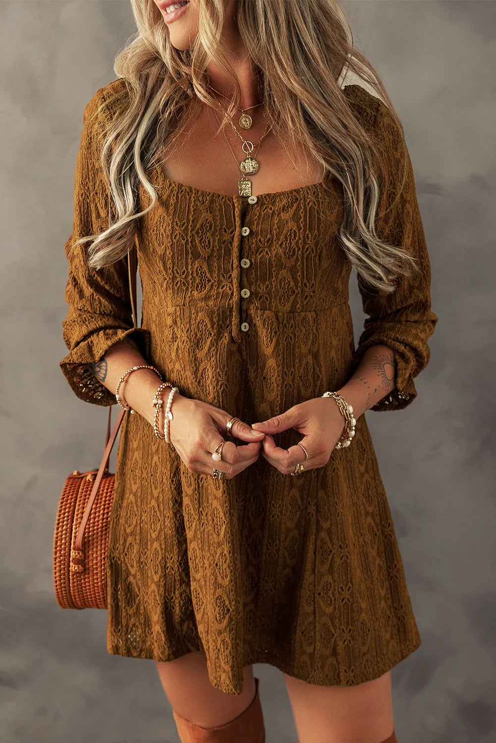 Decorative Button Textured Square Neck Mini Dress