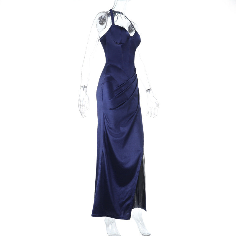 Satin Maxi Dress - Halter Neck Slit Dark Blue - Fashions Envy