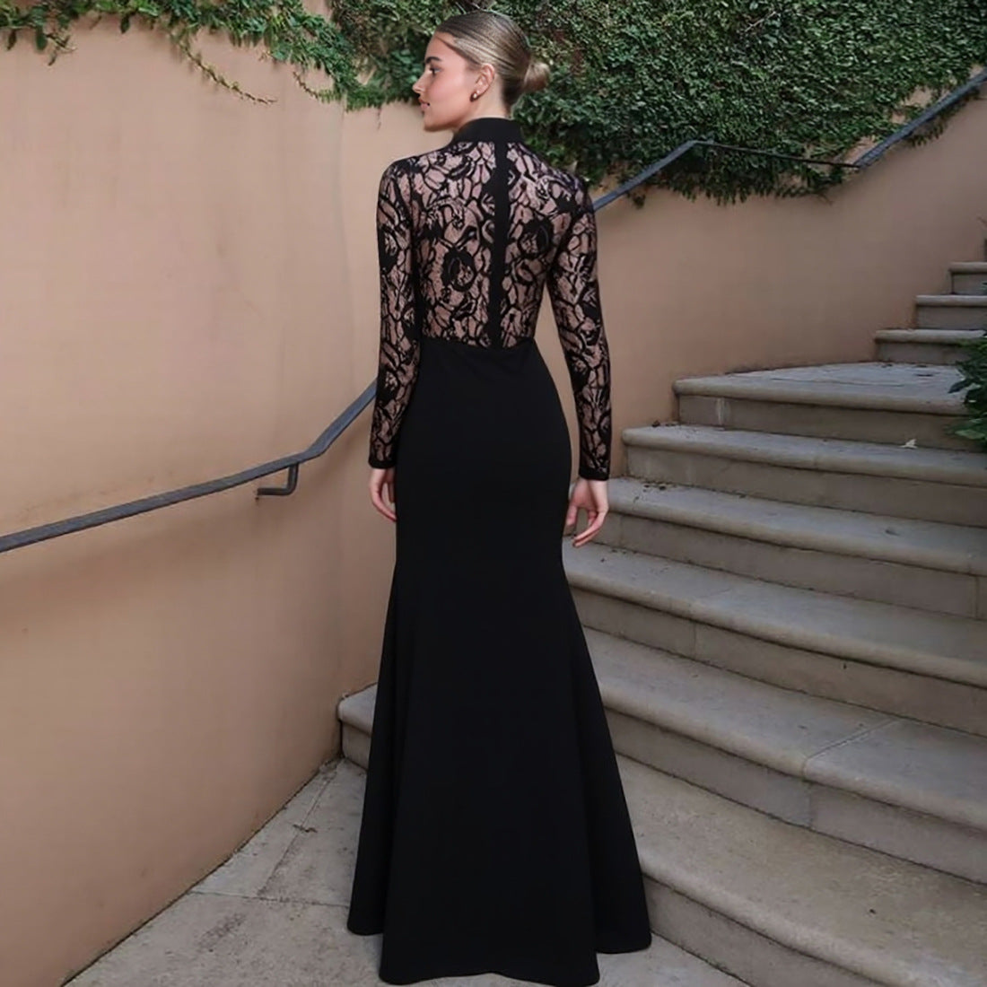 High Neck Lace Maxi Dress - Long Sleeve Black - Fashions Envy