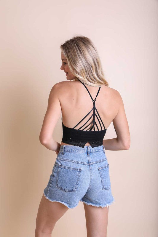 Ribbed High Neck Crochet Lace Trim Bralette