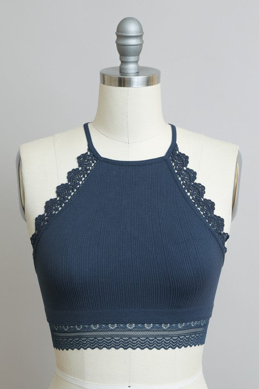 Ribbed High Neck Crochet Lace Trim Bralette