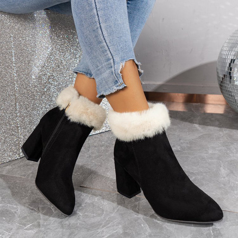 Plaid Ankle Boots - Furry Lined Square Heel Winter Boots