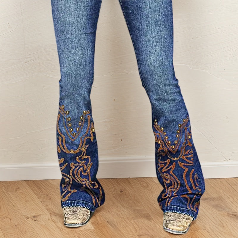 Mid-Waist Wide Leg Embroidered Jeans - Vintage Wash Denim