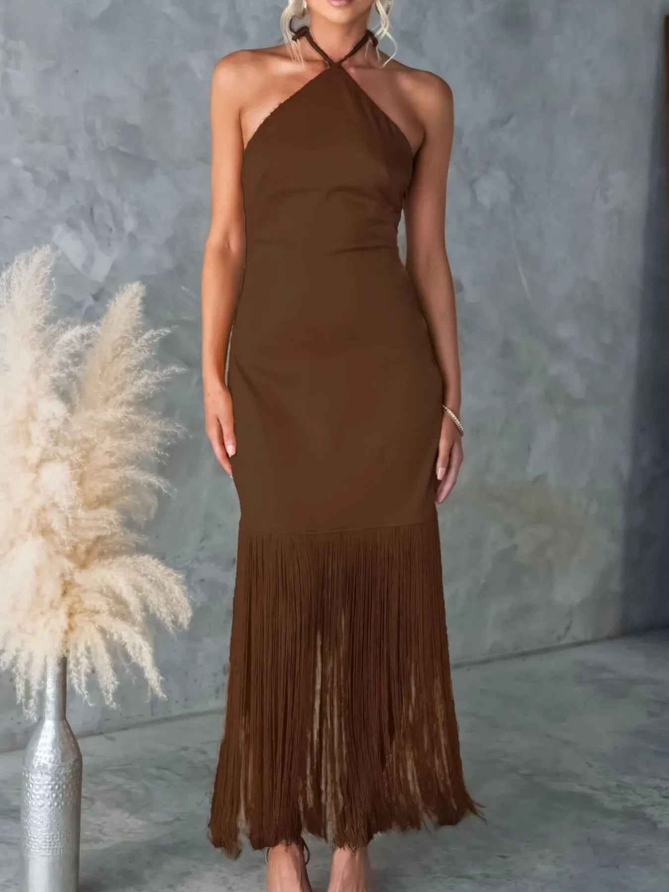 Fringe Halter Dress - Backless Bodycon Maxi Dress - Fashions Envy