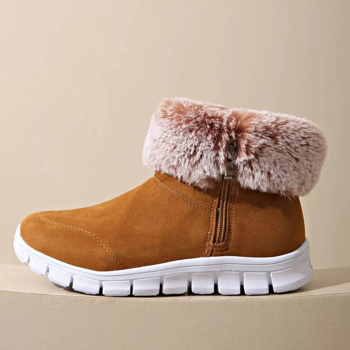 Side Zip Faux Fur Boots - Cozy Low Heel Winter Boots - Fashions Envy