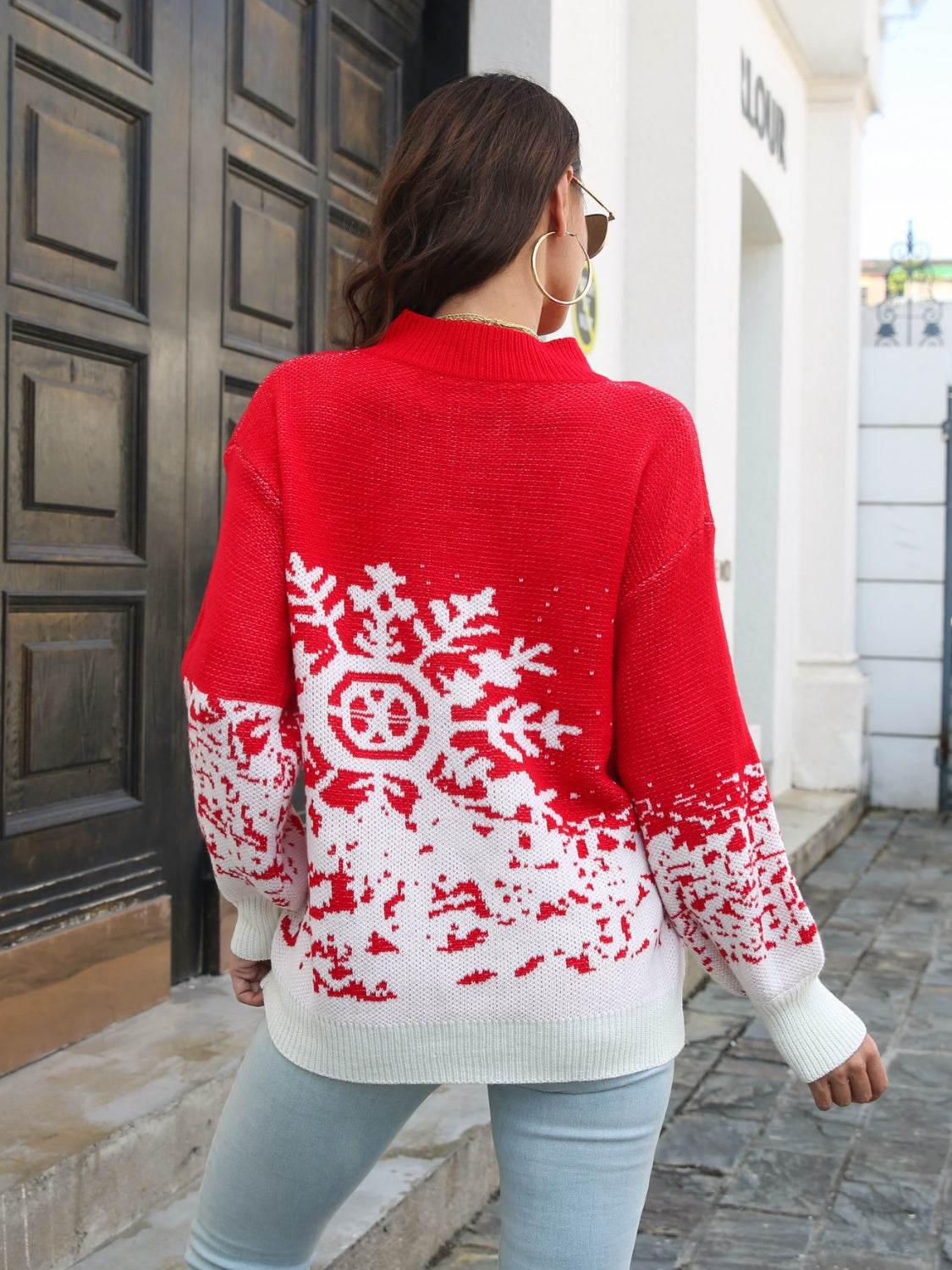 Snowflake Pattern Mock Neck Sweater - Fashions Envy