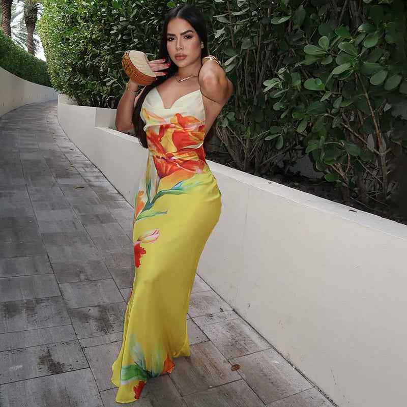 Low-cut Sexy Maxi Dress - Backless Cross-Strap