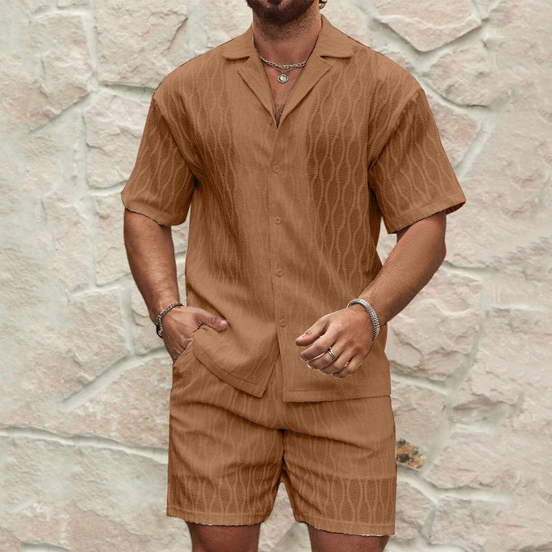 Men's Summer Fashion Solid Loose Casual Two Pieces Lapel Button Shirt Shorts Set