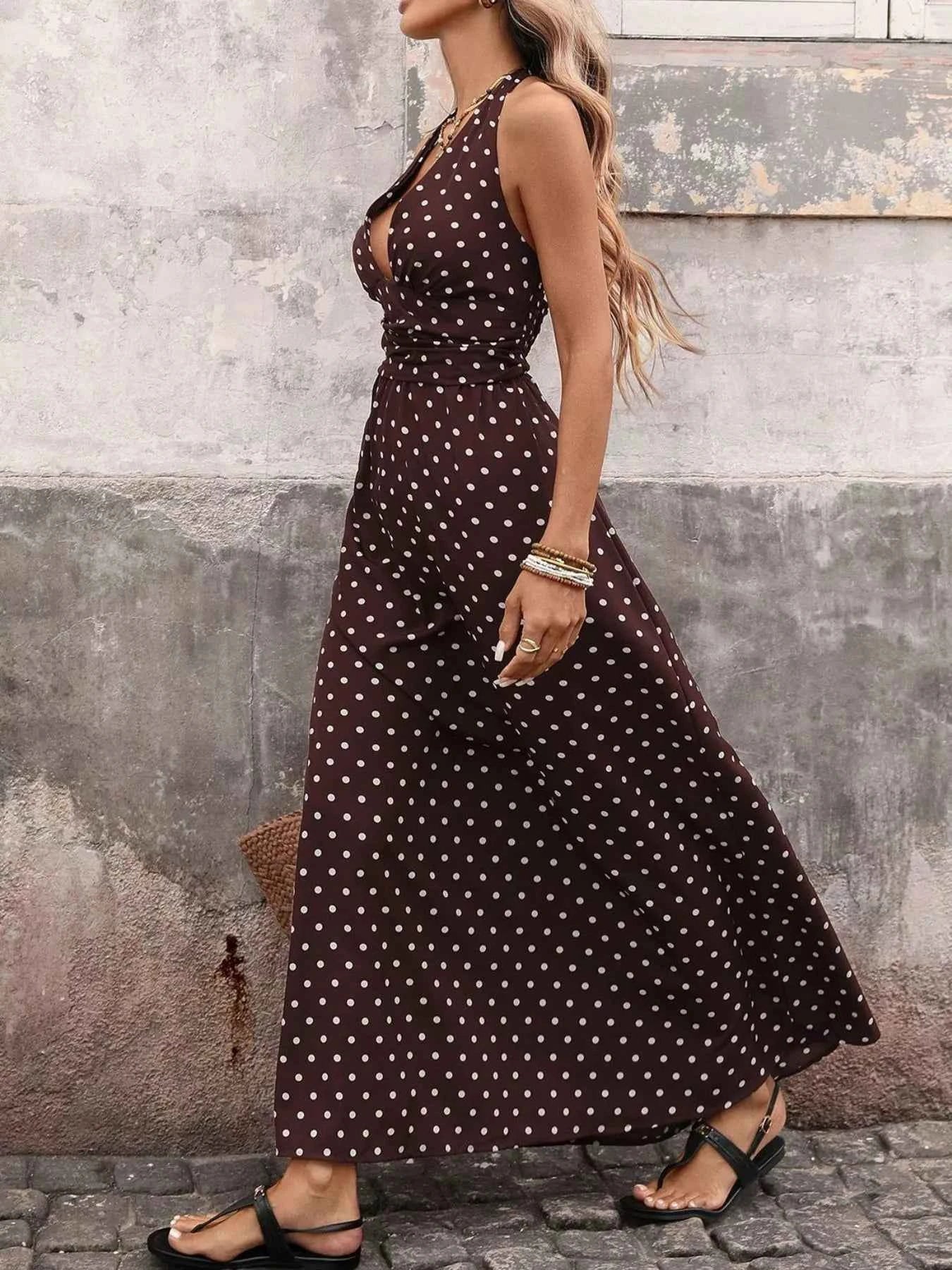 Polka Dot Halter Maxi Dress - Tie Neck Brown Print