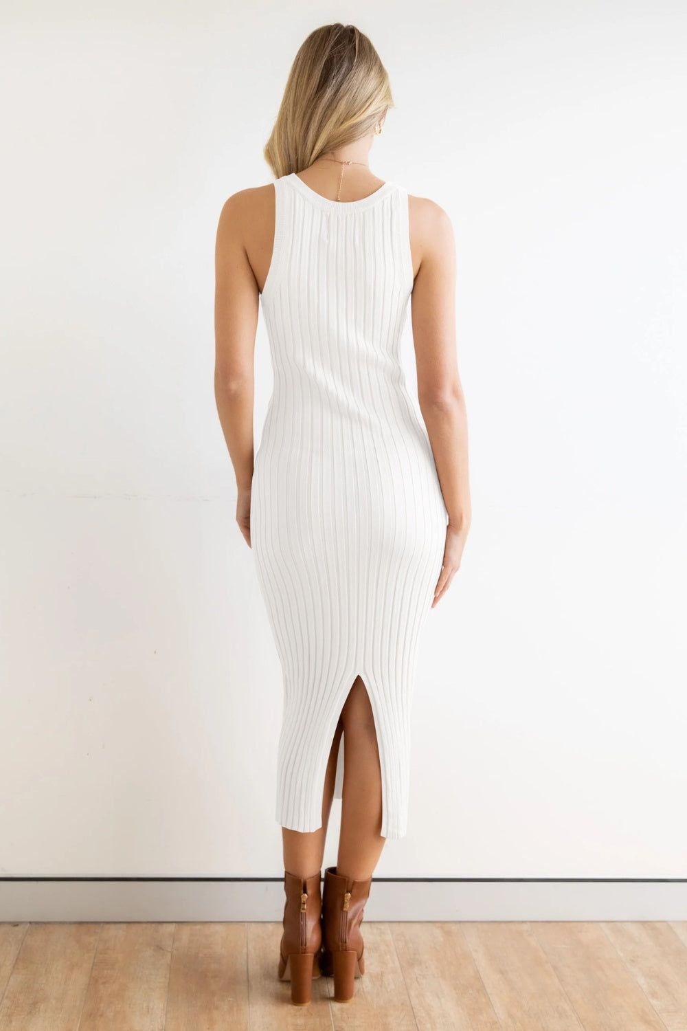 Slit Ribbed Round Neck Sleeveless Midi Dress