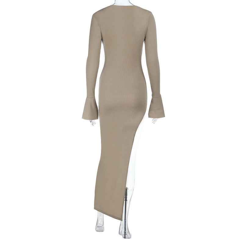 High-Slit Bodycon Maxi Dress - Elegant Hollow Leaf Sleeve