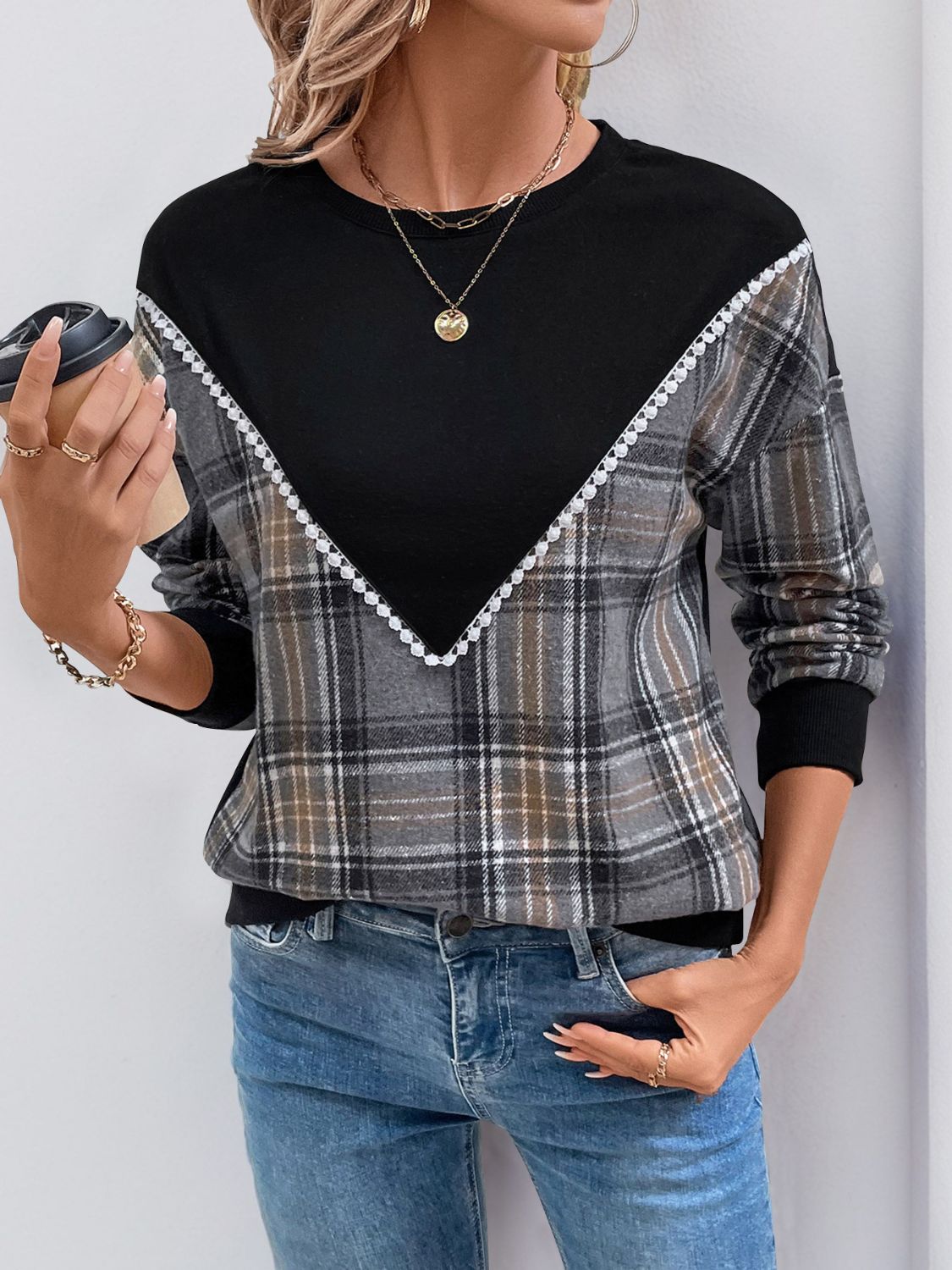 Black Plaid Sweatshirt - Lace Detail Long Sleeve Top