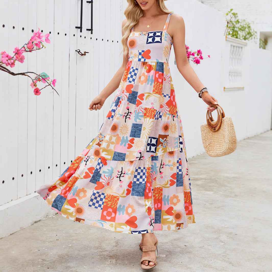 Floral Print Bohemian Maxi Dress - Square Neck Beach Vacation