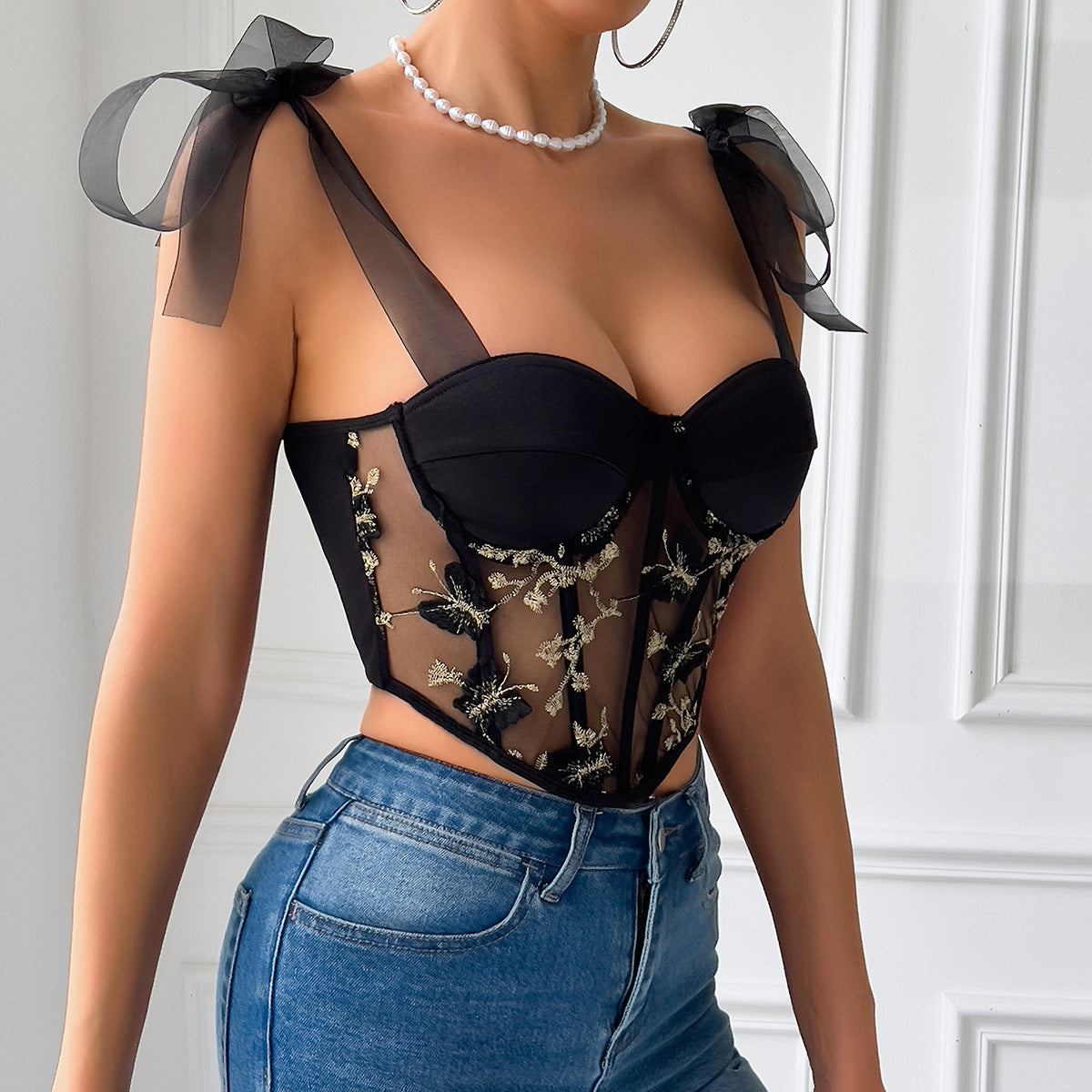 Butterfly Crop Top - Embroidered Lace-Up Strapless Style