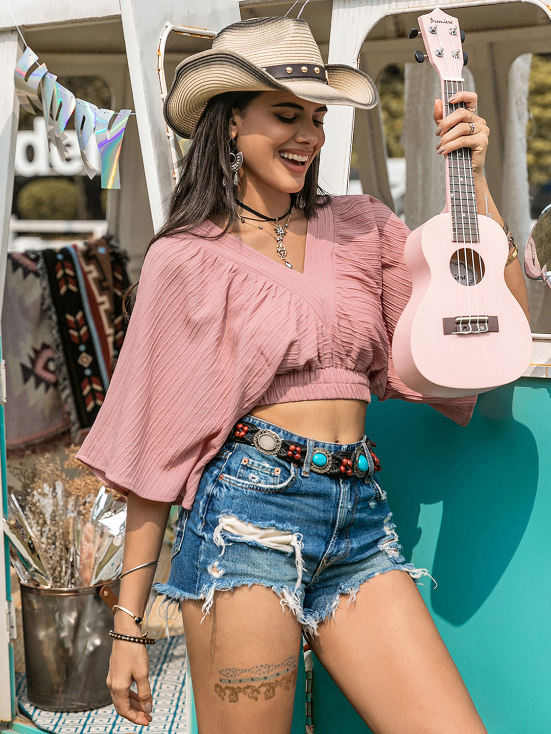 Dusty Pink Textured V-Neck Crop Top