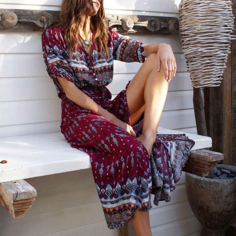 Boho V-Neck Maxi Dress - Long Sleeve Flowy Print