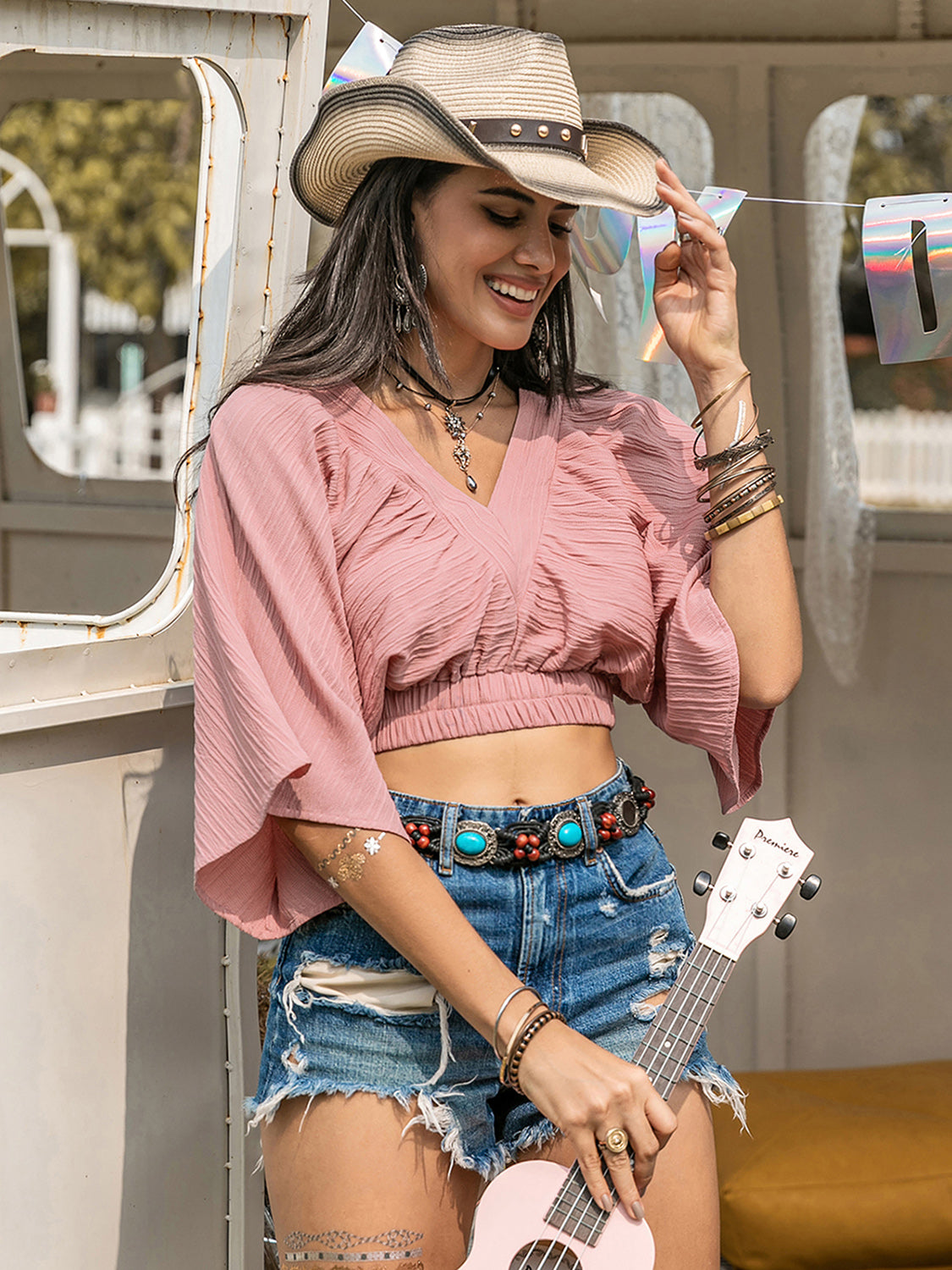 Dusty Pink Textured V-Neck Crop Top