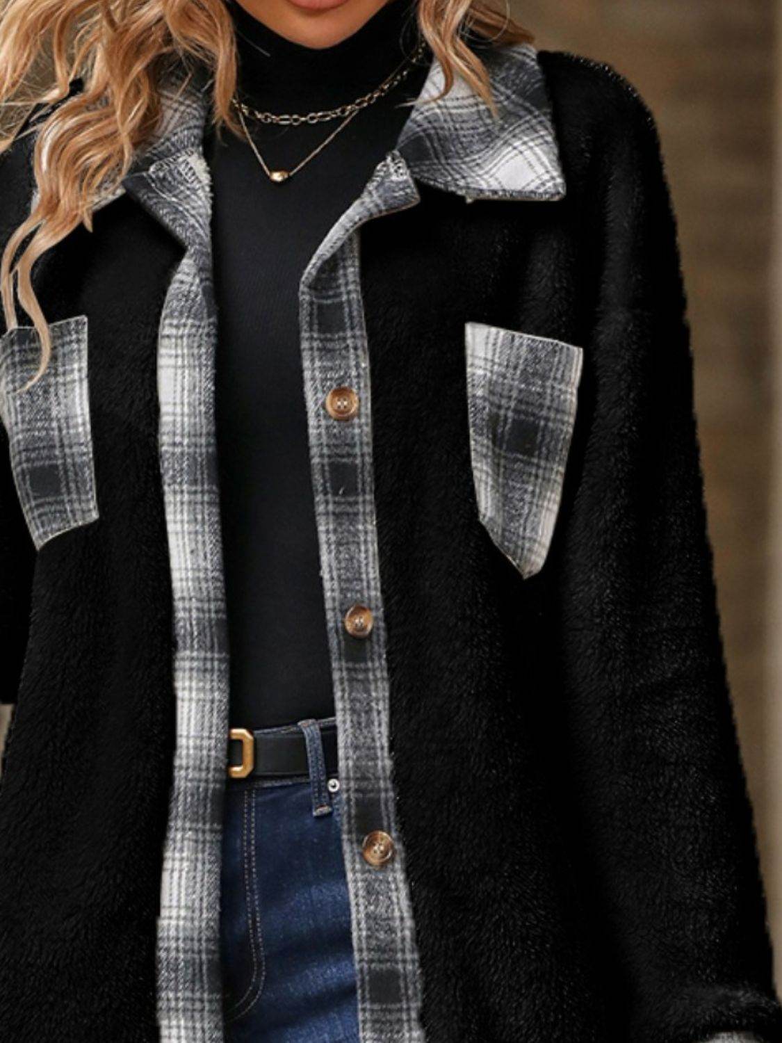 Plaid Contrast Dropped Shoulder Coat - Fashions Envy