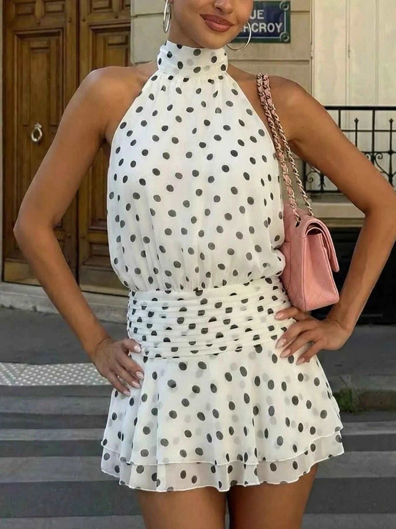 Polka Dot Halter Neck Ruffle Dress