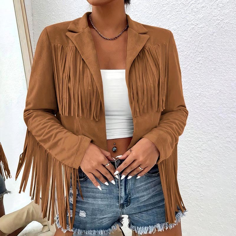 Solid Color Fashion Lapel Loose Fit Fringe Long Sleeve Jacket
