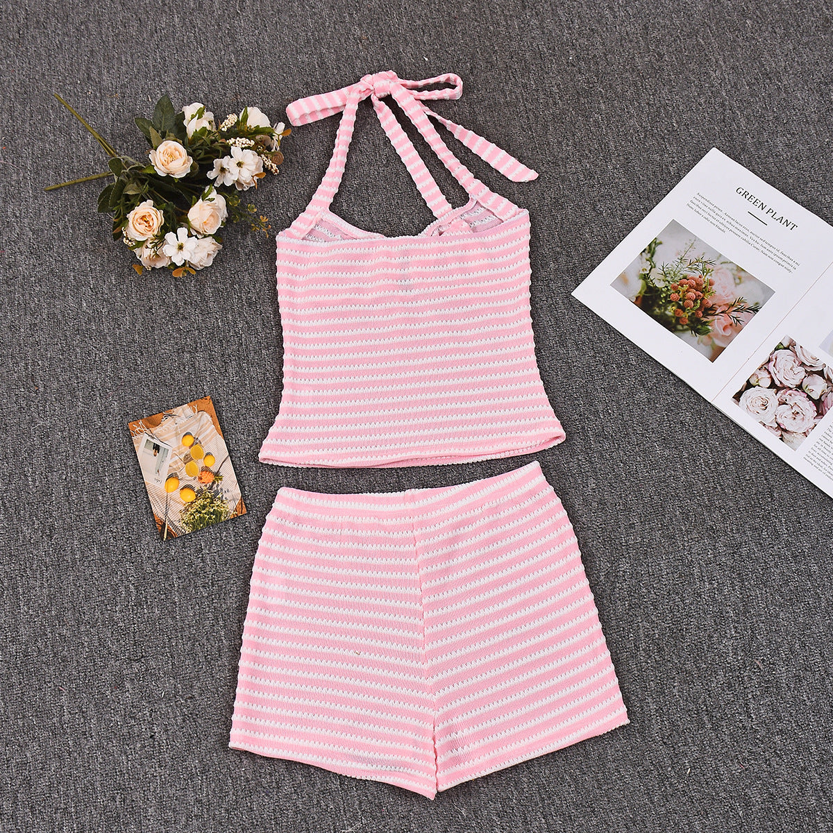 Halter Neck Mini Shorts Set - Decorative Crop Top Outfit