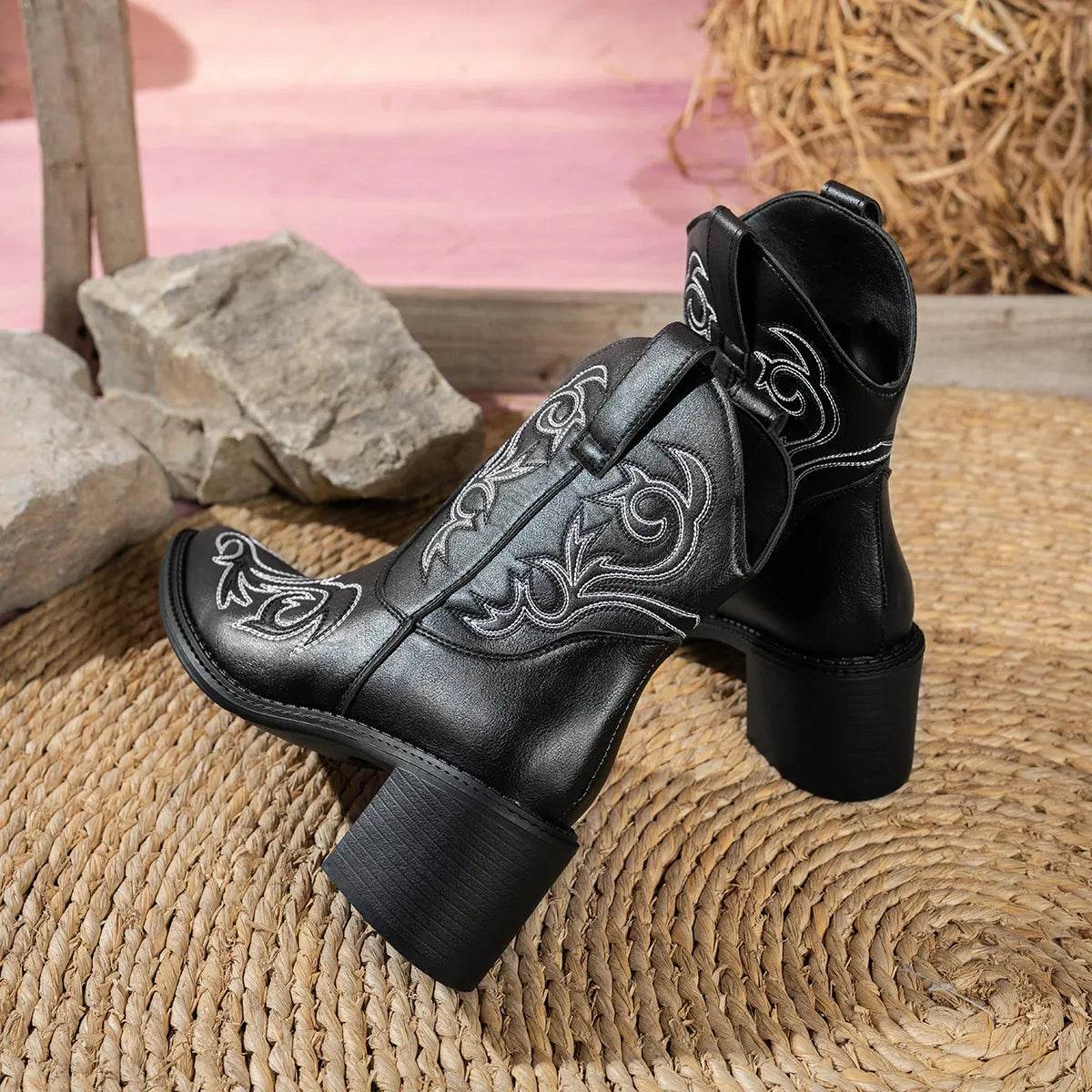 Point Toe Block Heels Boots - Mid Heel Ankle Boots - Fashions Envy