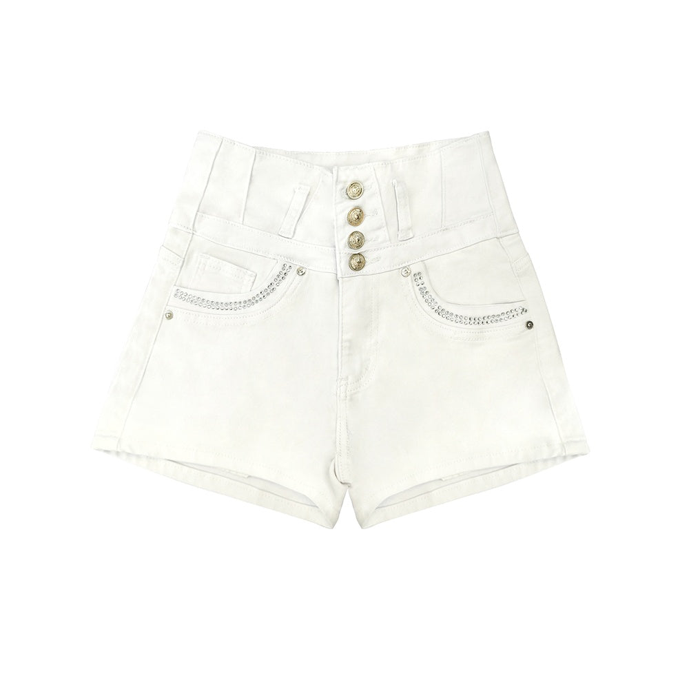 White High-Waist Bling Pocket Shorts - Stretch Denim Button Shorts