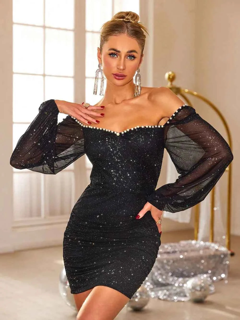 Black Pearl Trim Mini Dress - Sweetheart Neck Long Sleeve