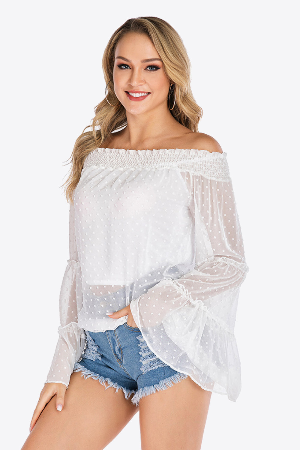 White Swiss Dot Off-Shoulder Blouse
