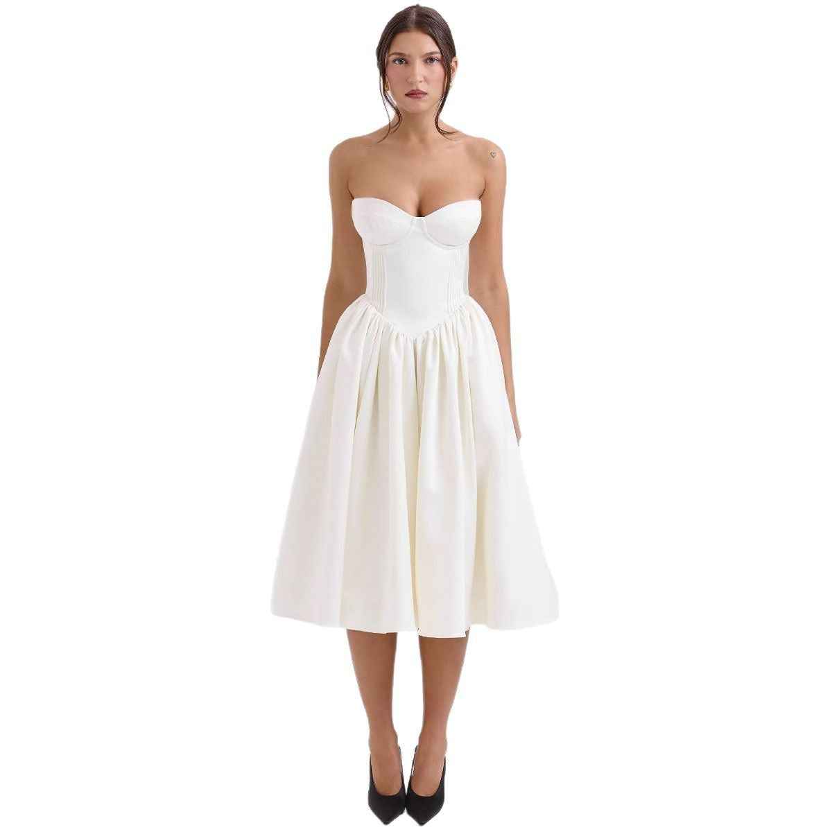 Sweetheart Midi Dress - Strapless Flared A-Line Skirt
