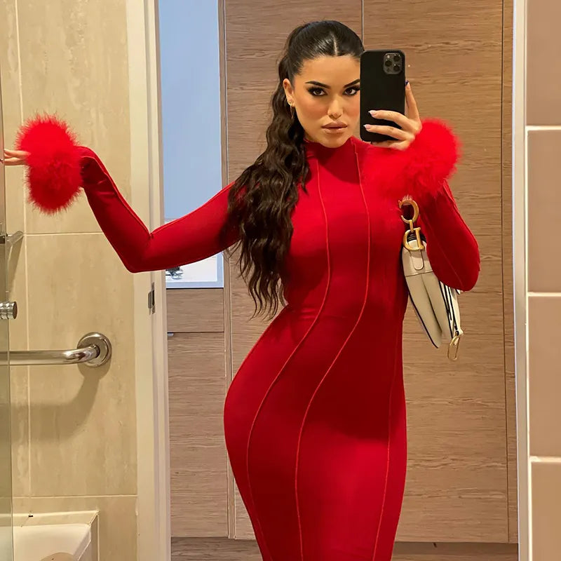 Red Feather Trim Prom Dress - Long Sleeve Maxi Gown