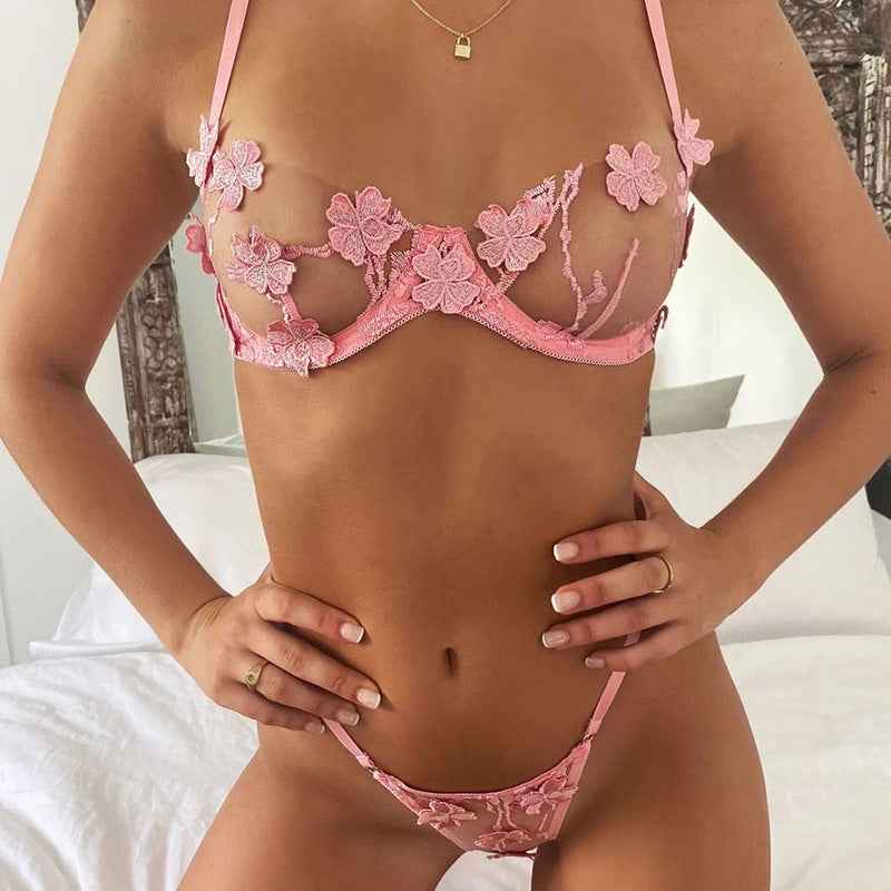 See-through Embroidered Lingerie Set - Sexy Thong and Bra