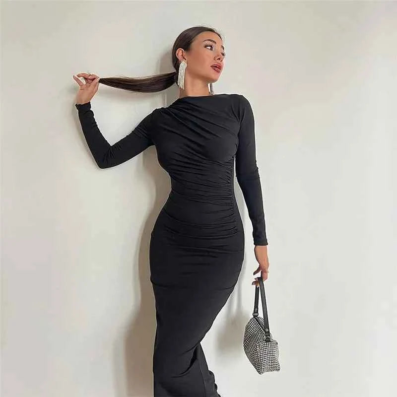 Pleated Maxi Dress - Bodycon Fitted Long Sleeve Elegant