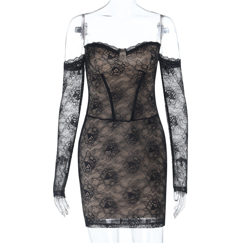 Sweetheart Neck Lace Dress - Long Sleeve Bodycon Mini - Fashions Envy