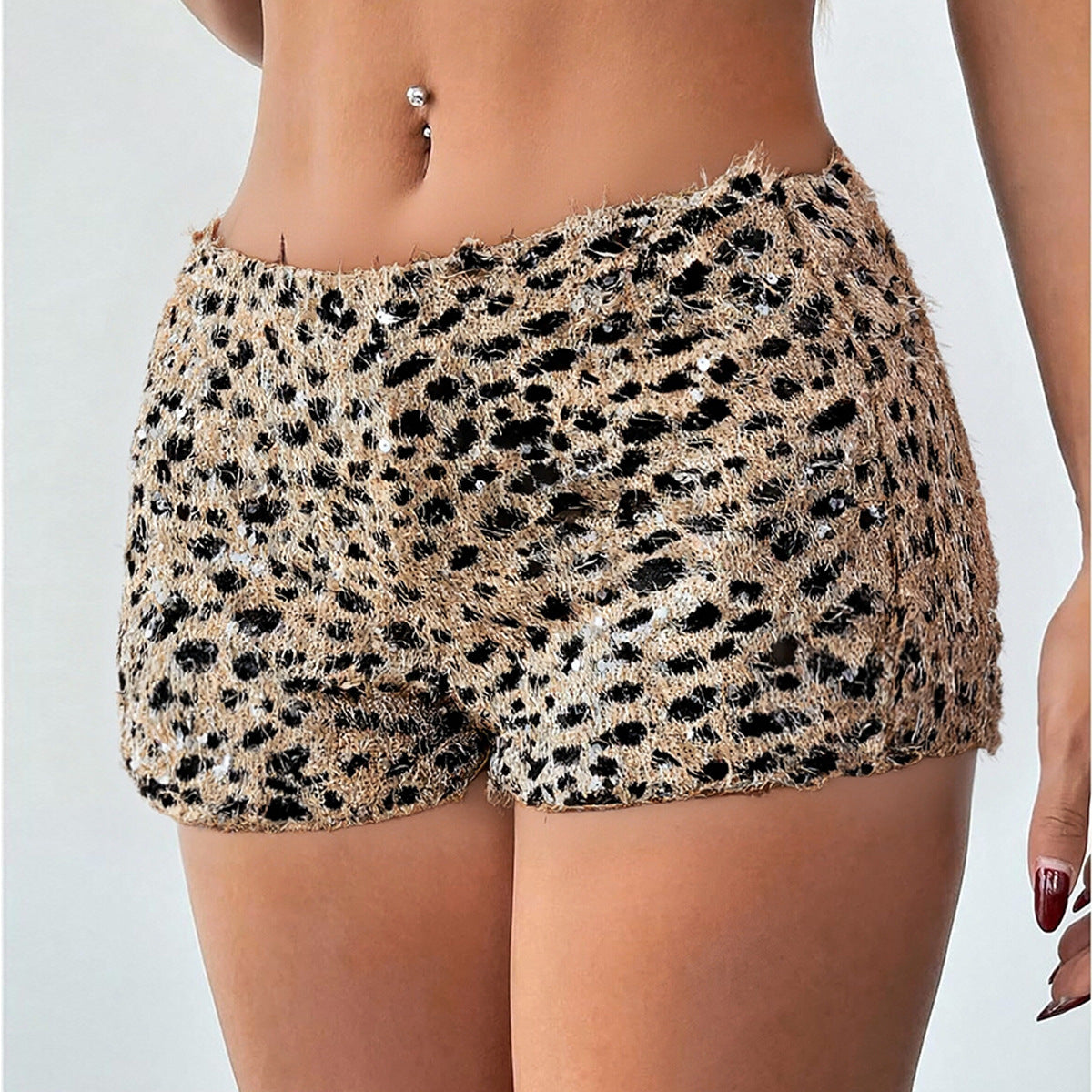 Leopard Print Sequin Shorts - Low Waist Party Style