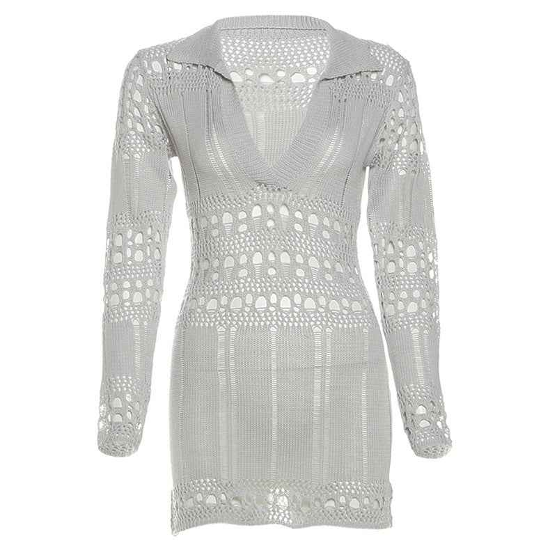 Knit Hollow-Out Bodycon Mini Dress - Ripped Deep V-Neck