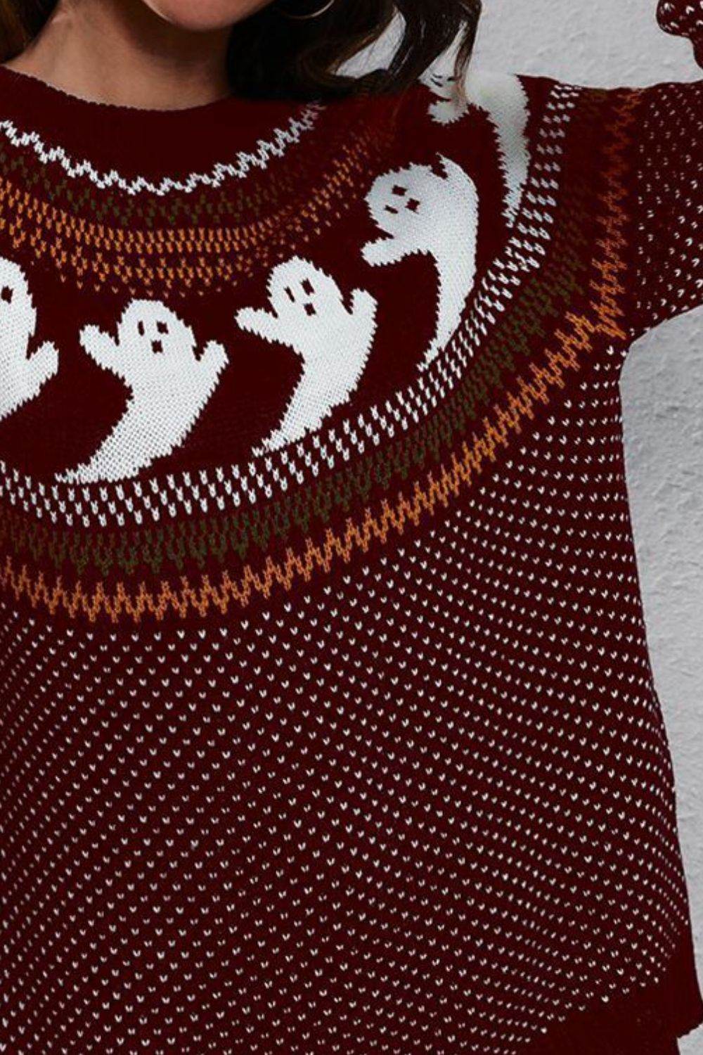 Ghost Pattern Round Neck Long Sleeve Sweater - Fashions Envy