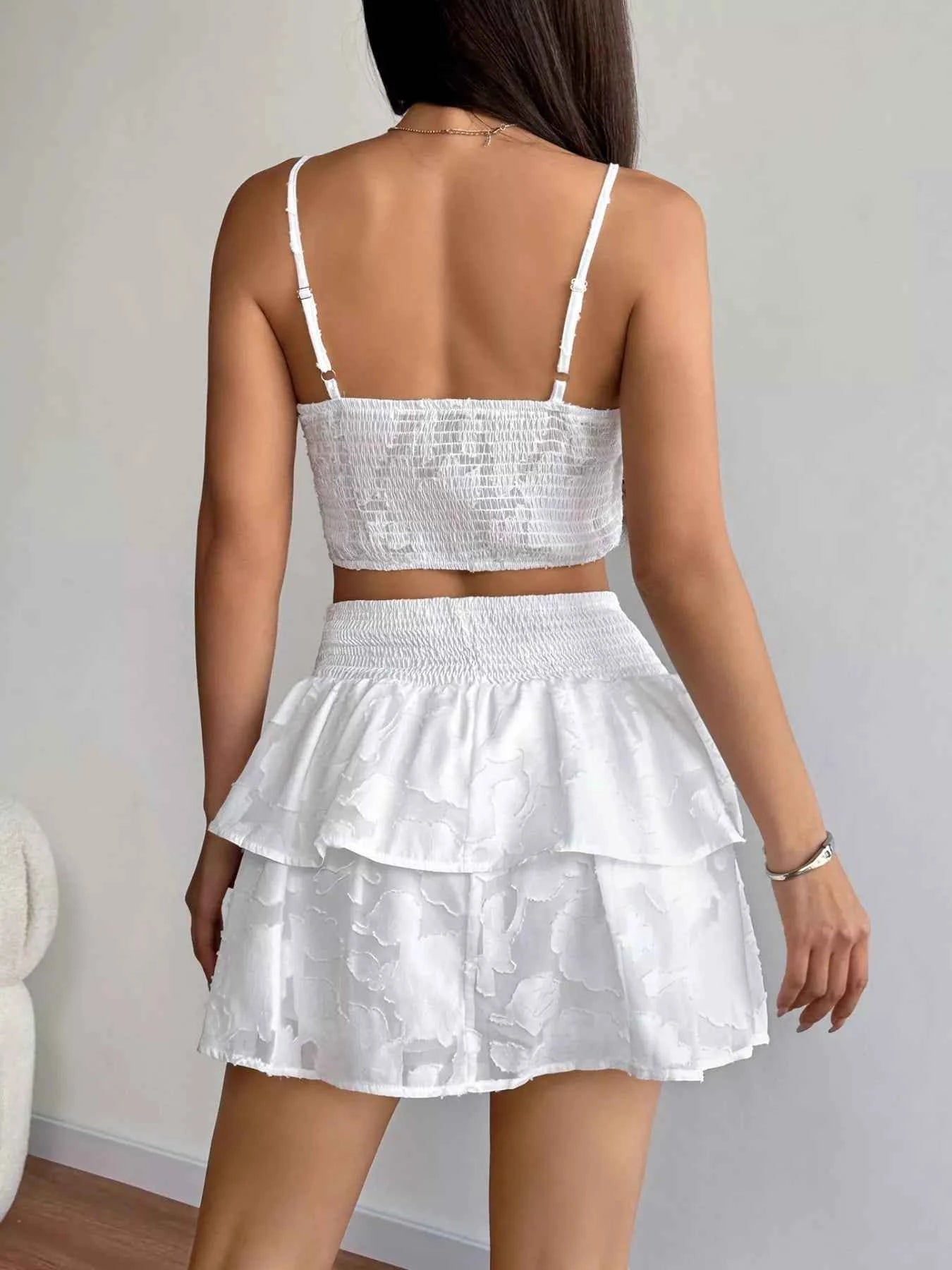 Two Piece Outfit Set - Smocked Crop Top Ruffle Skirt