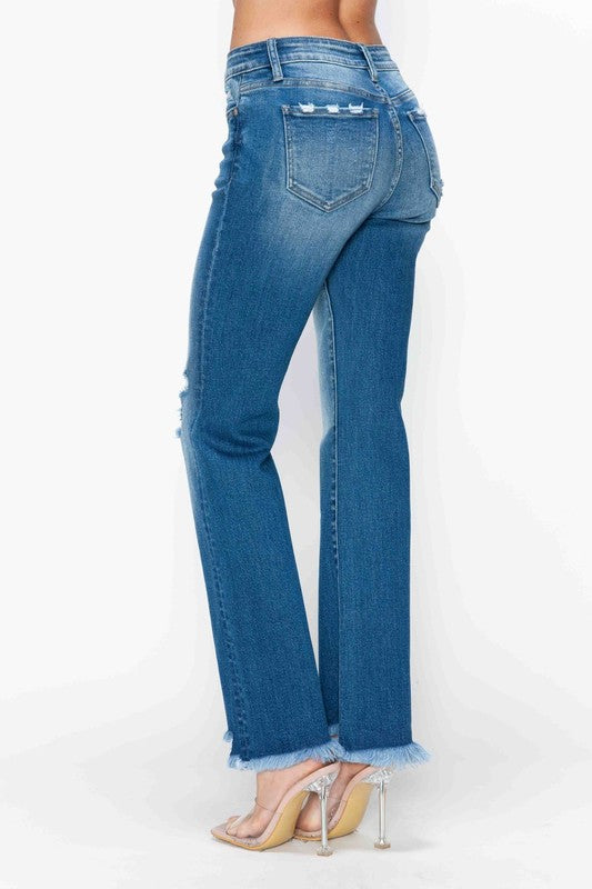 Full Size Raw Hem Distressed Mid Rise Straight Medium Blue Jeans
