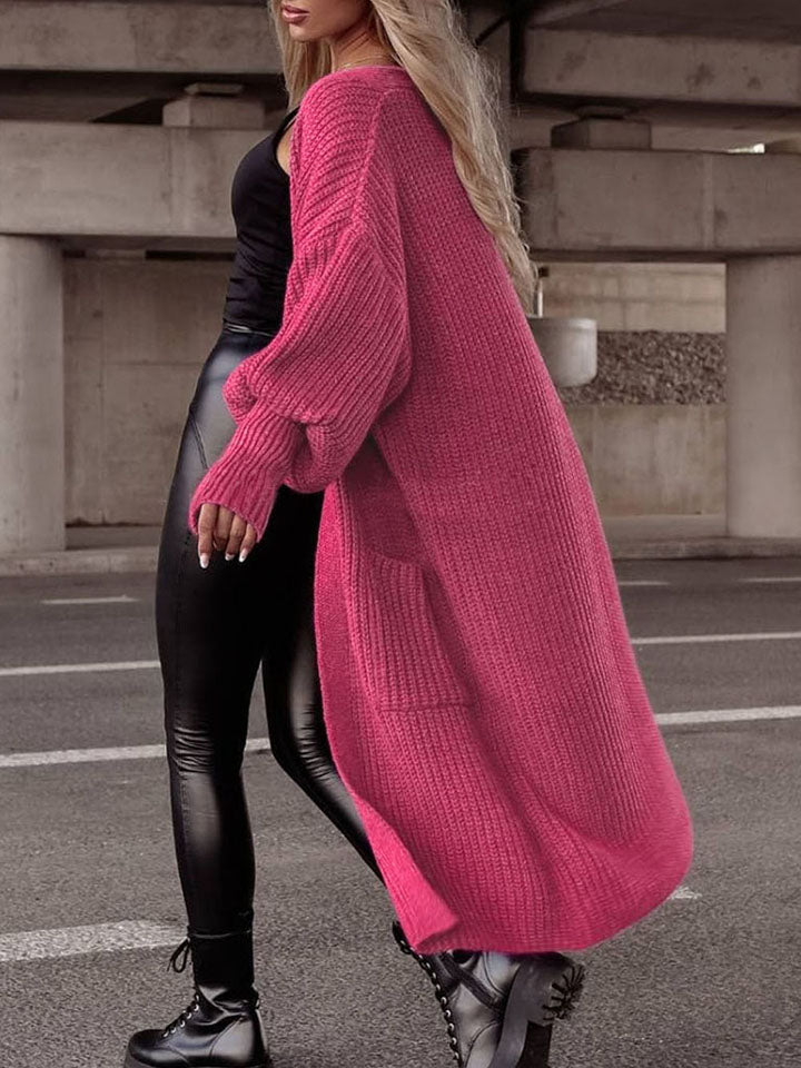 Hot Pink Lantern Sleeve Cardigan - Pocketed Open Front