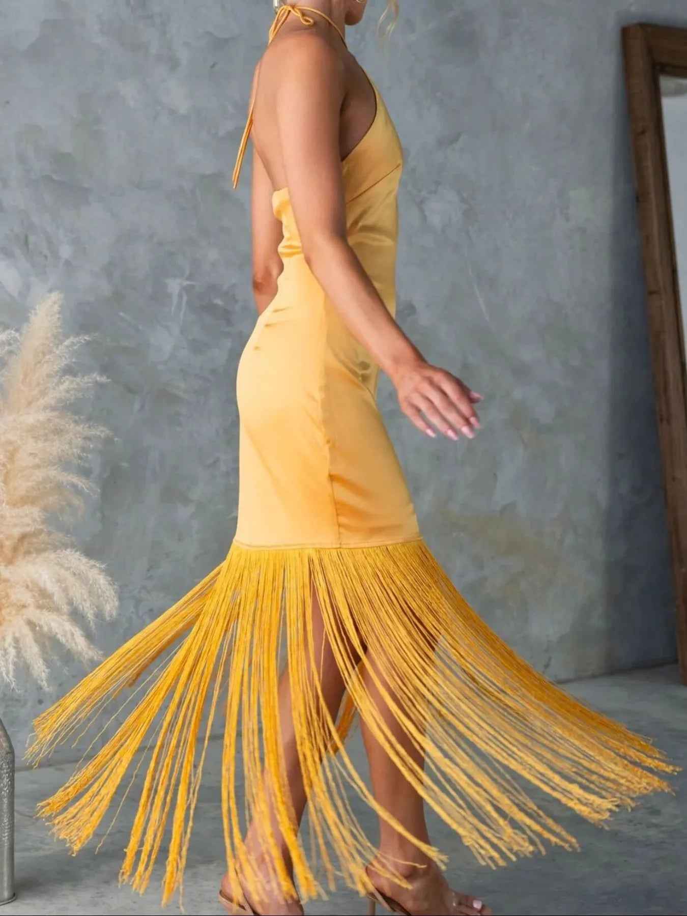 Fringe Halter Dress - Backless Bodycon Maxi Dress - Fashions Envy