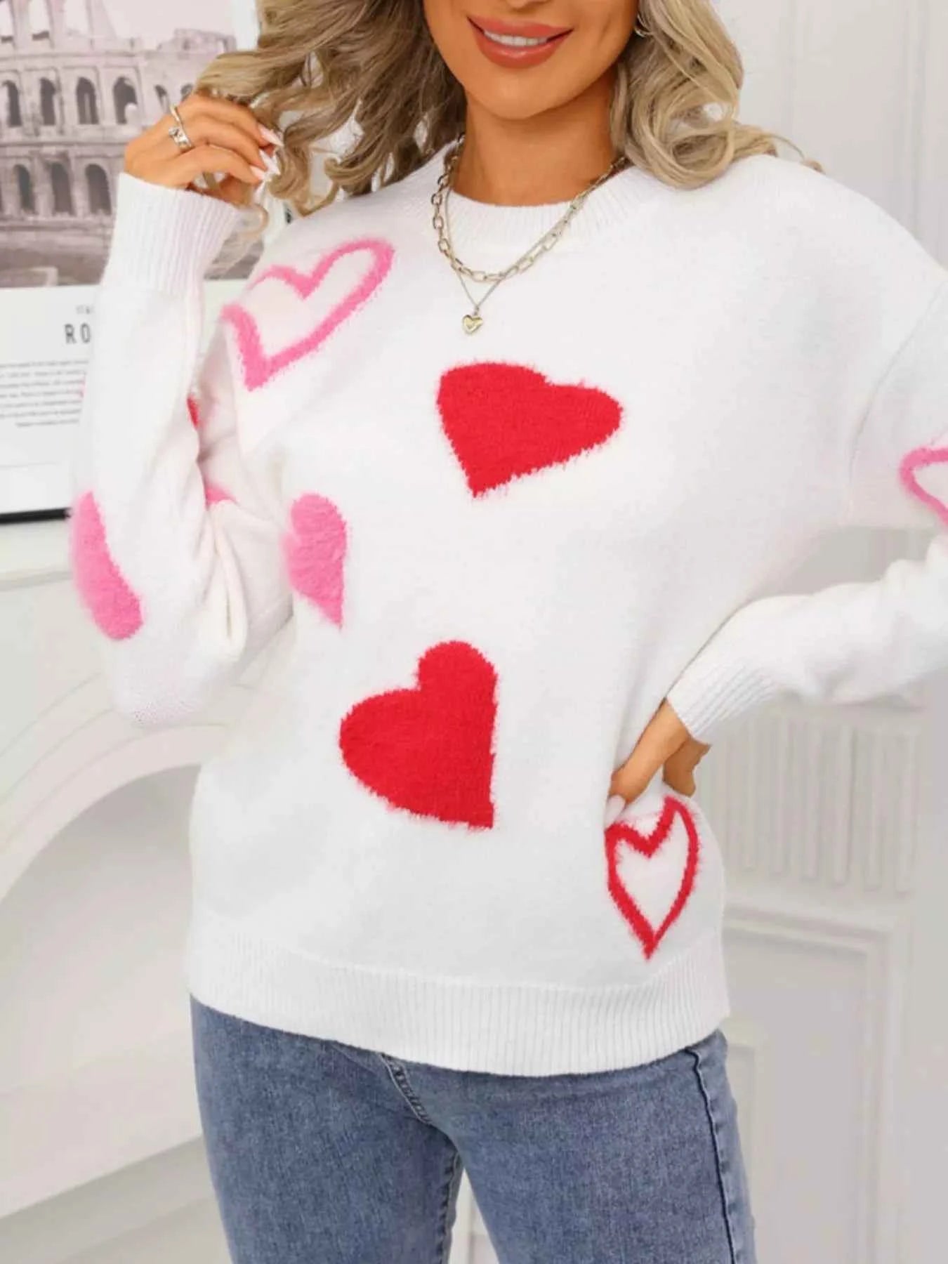 Valentine's Day Heart Pattern Knit Sweater - Fashions Envy