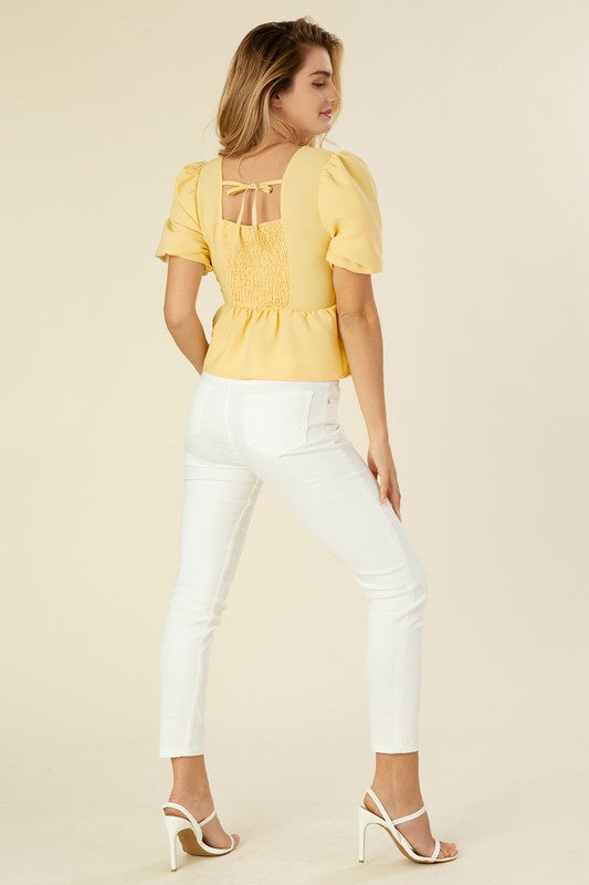 Back-tie Bubble Sleeve Blouse with Peplum