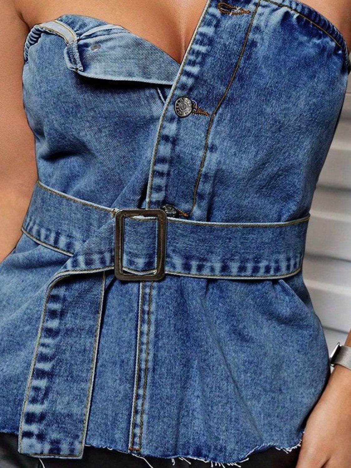 Buttoned Raw Hem Tube Denim Top - Fashions Envy