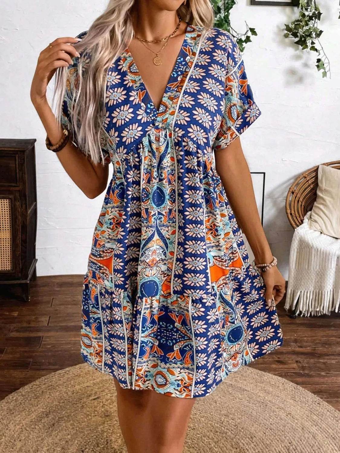 Printed V-Neck Short Sleeve Dress - Ruffled Detail Summer Dress - Fashions Envy