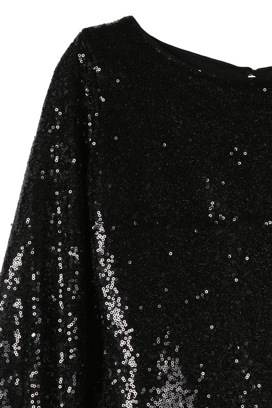 Puff Sleeve Crew Neck Sequin Mini Dress