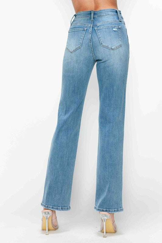 Full Size Medium Blue Distressed High Rise Straight Jeans